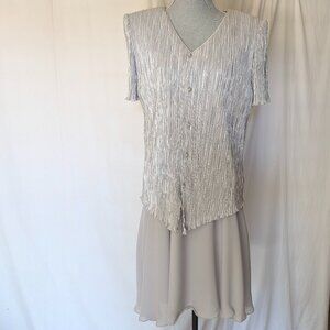 PATRA Vtg 80s Silver Metallic Plated midi Cocktail Short Sleeve Party Dress   M